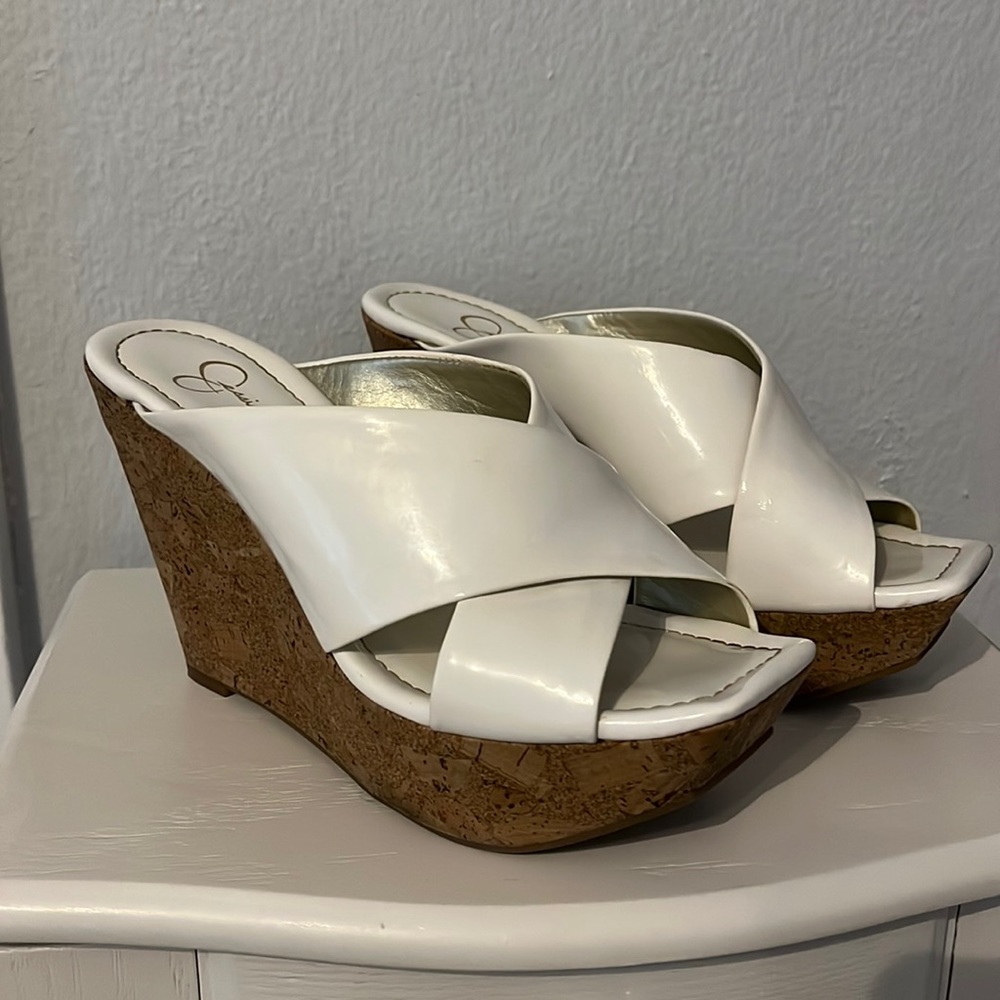 Jessica Simpson Cork/White Patent Leather Wedges - size 6